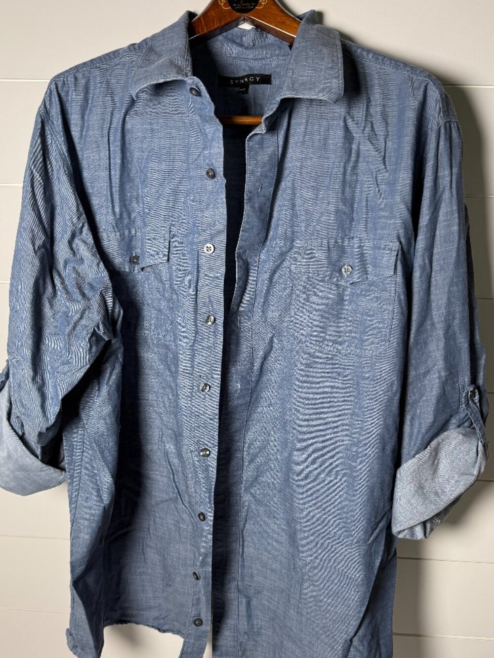 SYNRGY Blue Chambray Long/Adjustable Sleeve 100% Cotton Sz 2XLT